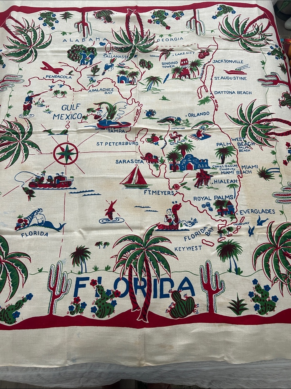 Vintage Florida souvenir Map card table cloth with Palm & Cactus Motif